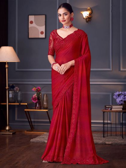 Red Bridal Floral Embroidered Saree In Silk