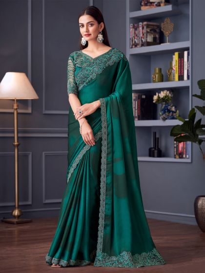 Green Chiffon Party Wear Saree In Thread Work