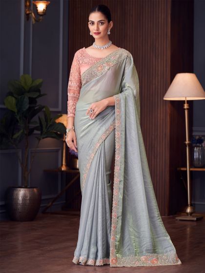 Grey Georgette Saree In Heavy Floral Embroidery