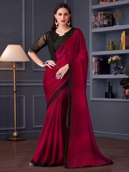 Red Party Wear Chiffon Saree In Sequins Work