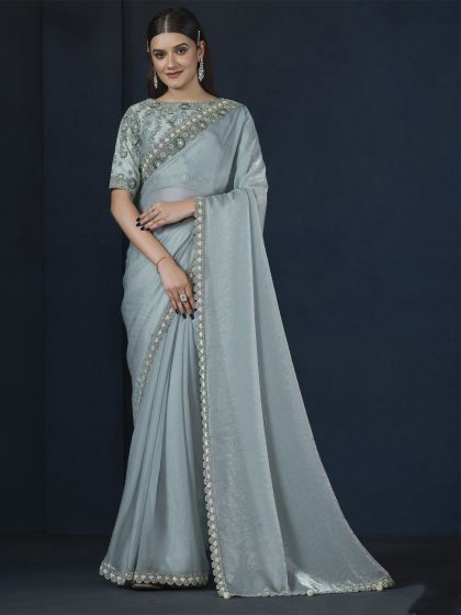 Grey Wedding Silk Saree In Floral Embroidery