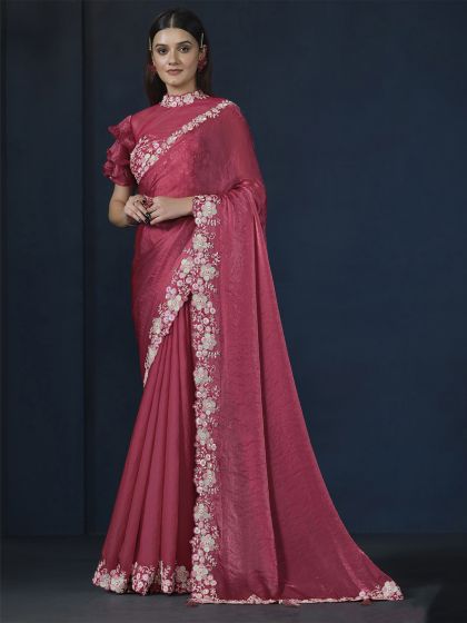 Pink Thread Work Bridesmaid Saree In Silk