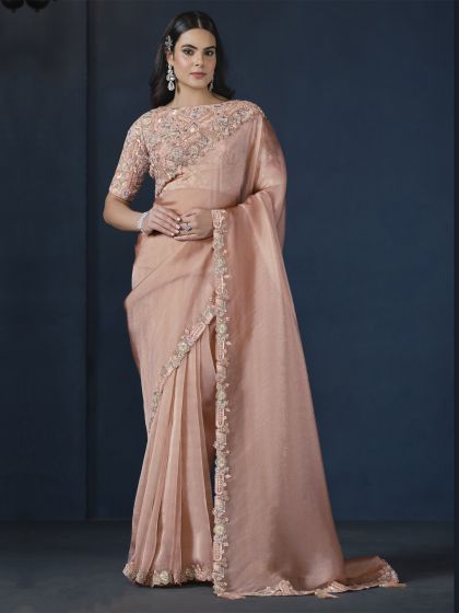 Peach Party Wear Saree With Embroidered Border