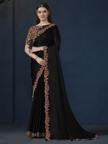 Black Party Wear Crepe Saree In Thread Work