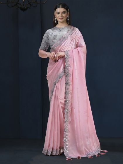 Pink Zari Embellished Bridesmaid Saree In Crepe