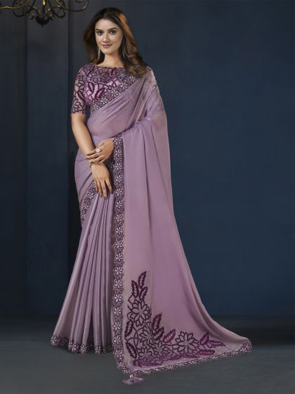 Lilac Heavy Floral Thread Work Crepe Saree