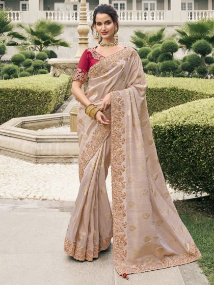 Beige Zari Floral Enhanced Saree In Banarasi Silk