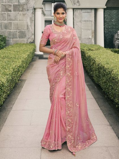 Dusty Pink Sequins Embellished Saree In Silk