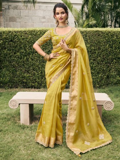 Yellow Wedding Wear Silk Saree In Zari Work