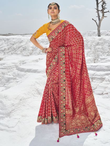 Red Zari Augmented Bridal Saree With Blouse