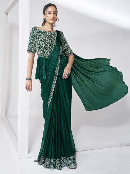 Green Chiffon Saree With Embroidered Blouse