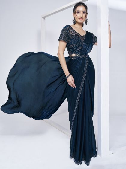 Navy Blue Embroidered Bridesmaid Silk Saree