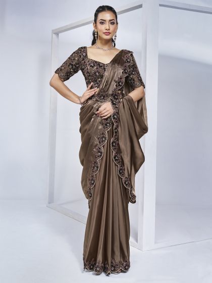 Brown Bridesmaid Saree In Heavy Floral Embroidery