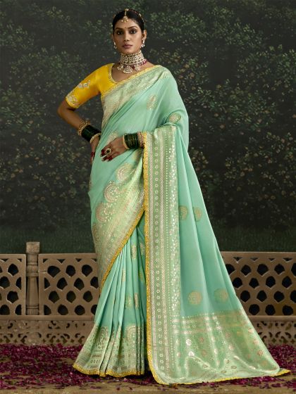 Turquoise Silk Saree With Heavy Woven Pallu