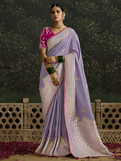 Light Purple Sequins Embroidered Silk Saree