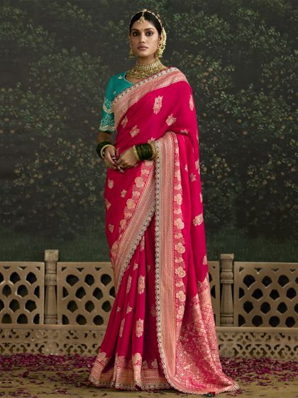 Red Zari Woven Bridal Saree In Dola Silk