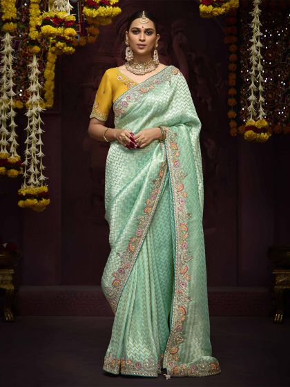 Turquoise Zari Embroidered Banarasi Silk Saree