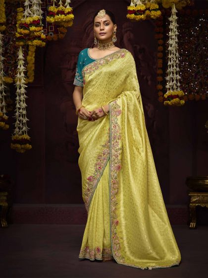 Green Silk Saree In Floral Embroidered Border