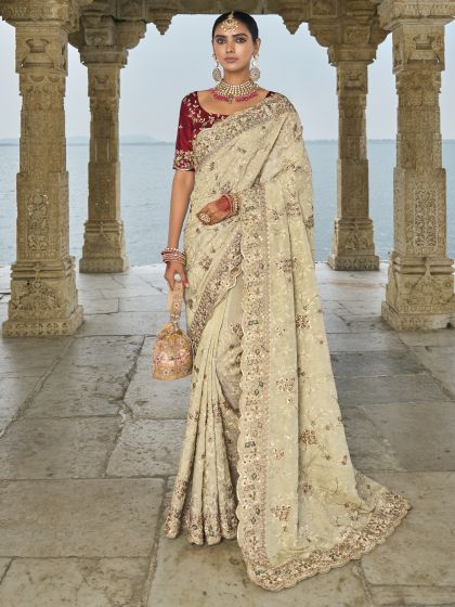 Beige Floral Zari Embroidered Festive Saree