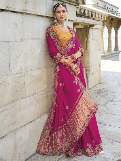 Rani Pink Satin Saree In Heavy Zari Embellishment