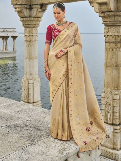 Beige Heavy Zari Embroidered Wedding Saree In Silk