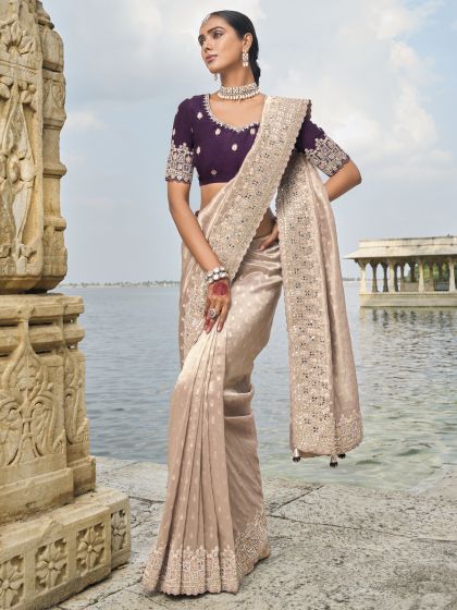 Cream Mirror Work Enhanced Party Saree In Silk