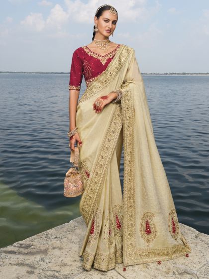 Beige Wedding Wear Saree With Embroidered Pallu