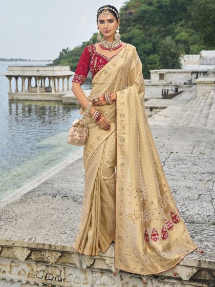 Beige Festive Silk Saree With Embroidered Blouse