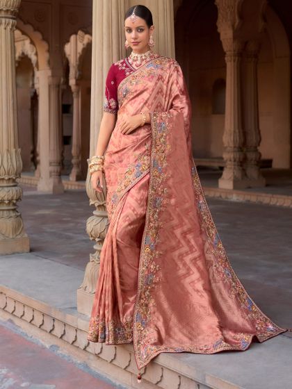 Peach Embroidered Traditional Wear Sarees