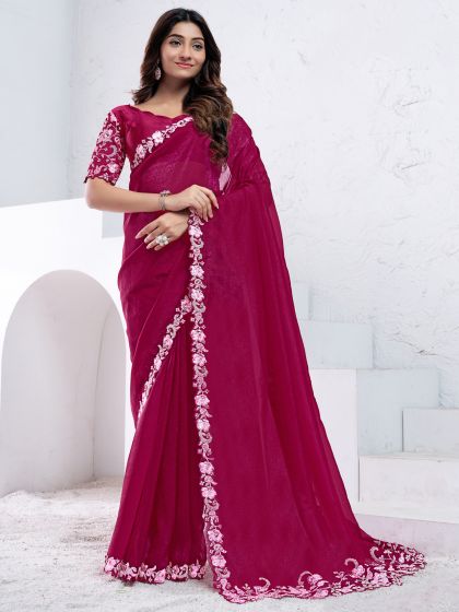 Berry Red Silk Saree In Floral Embroidered Borders