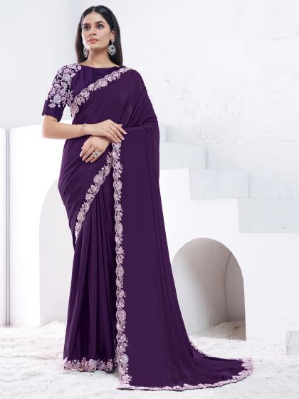 Dark Purple Wedding Wear Embroidered Saree