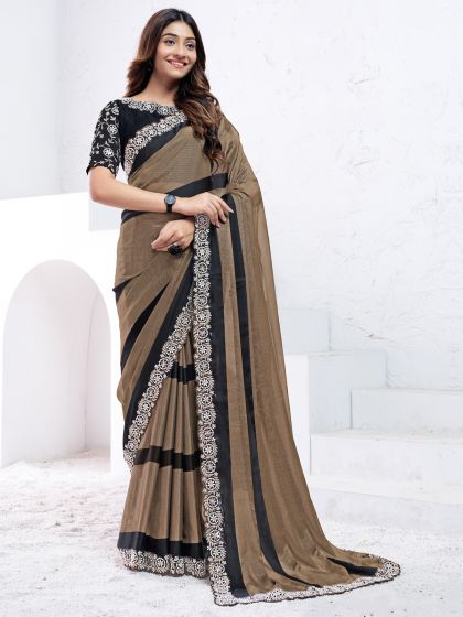 Brown And Black Georgette Saree In Mirror Work