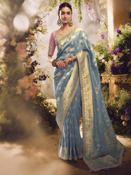 Blue Party Wear Weaving Saree With Blouse