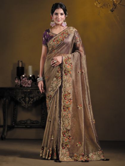 Brown Silk Saree With Floral Embroidered Borders