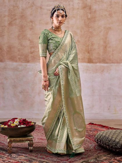 Green Festive Wear Saree With Woven Pallu