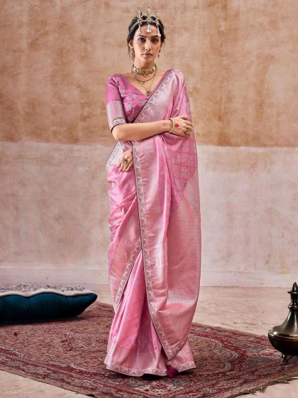 Pink Traditional Printed Saree In Jacquard Silk