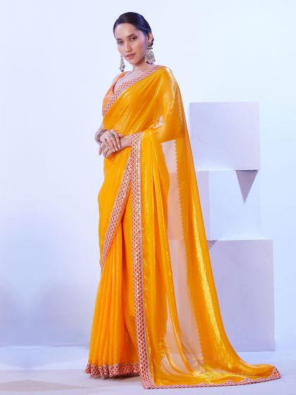 Orange Sequins Enhanced Festive Saree