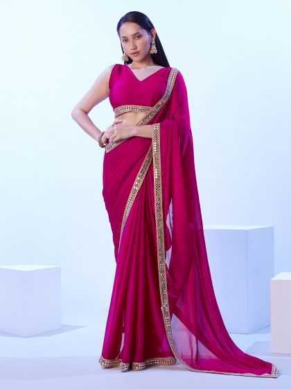 Rani Pink Chiffon Saree In Mirror Embroidery