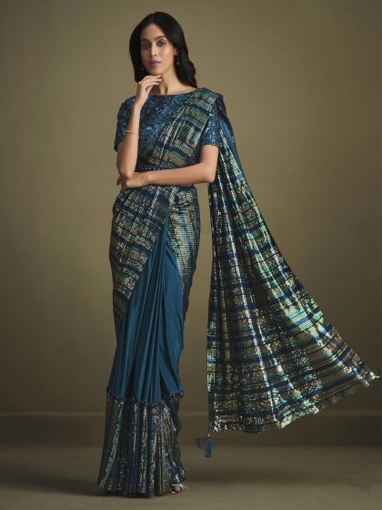 Blue Sequins Embellished Bridesmaid Sarees