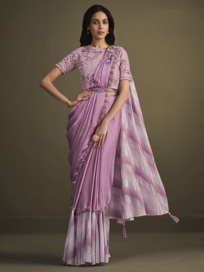 Lilac Embroidered Readymade Saree With Shaded Pallu