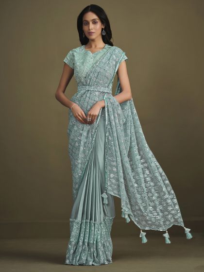 Sky Blue Heavy Embroidered Party Saree