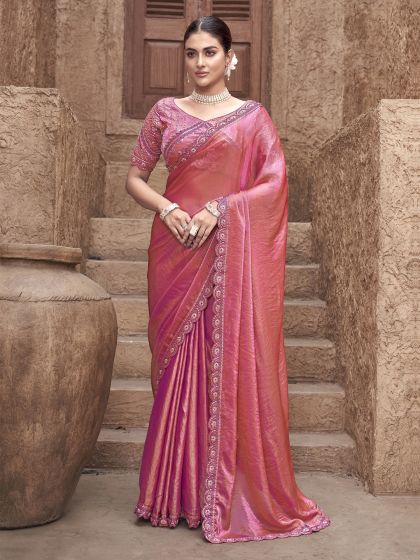 Pink Party Saree In Floral Embroidered Borders