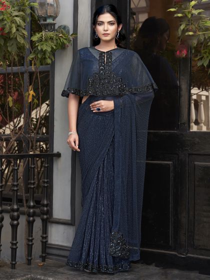 Navy Blue Cocktail Saree With Embroidered Cape