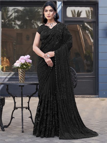 Black Heavy Embroidered Cocktail Wear Saree