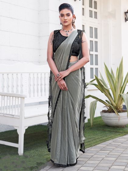 Dusty Grey Readymade Saree With Long Shrug