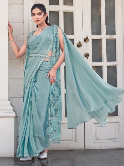 Sky Blue Ombre Effect Readymade Saree With Shrug