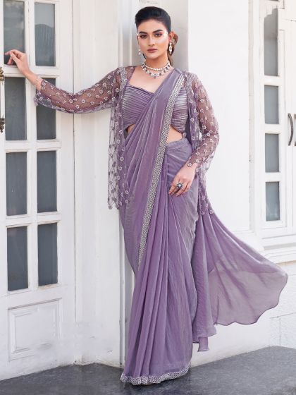 Lilac Party Wear Saree With Embroidered Borders