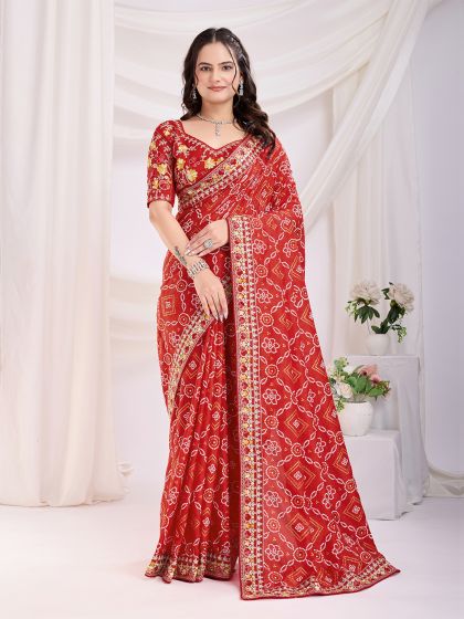 Red Bandhani Printed Saree In Vichitra Silk