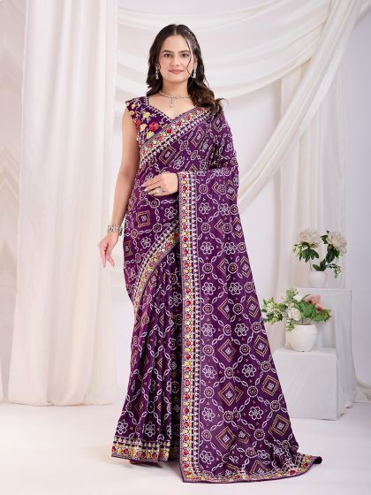 Purple Vichitra Silk Saree In Tradtional Print