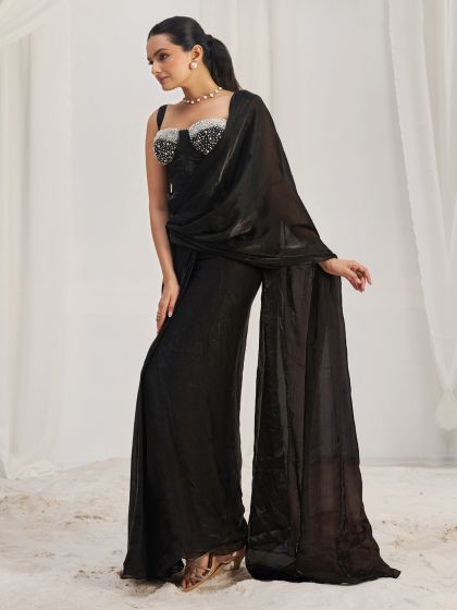 Black Cocktail Saree With Embroidered Blouse